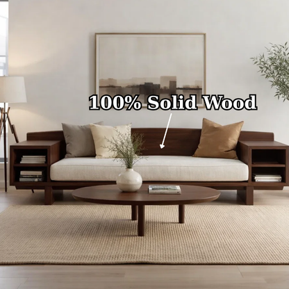 Walnut Solid Wood Sofa with Side Shelves – Modern Wooden Living Room Sofa