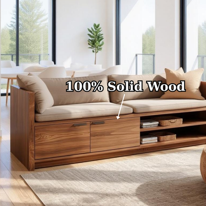 Solid Wood Storage Sofa – Modern Wooden Sofa with Drawer and Shelving