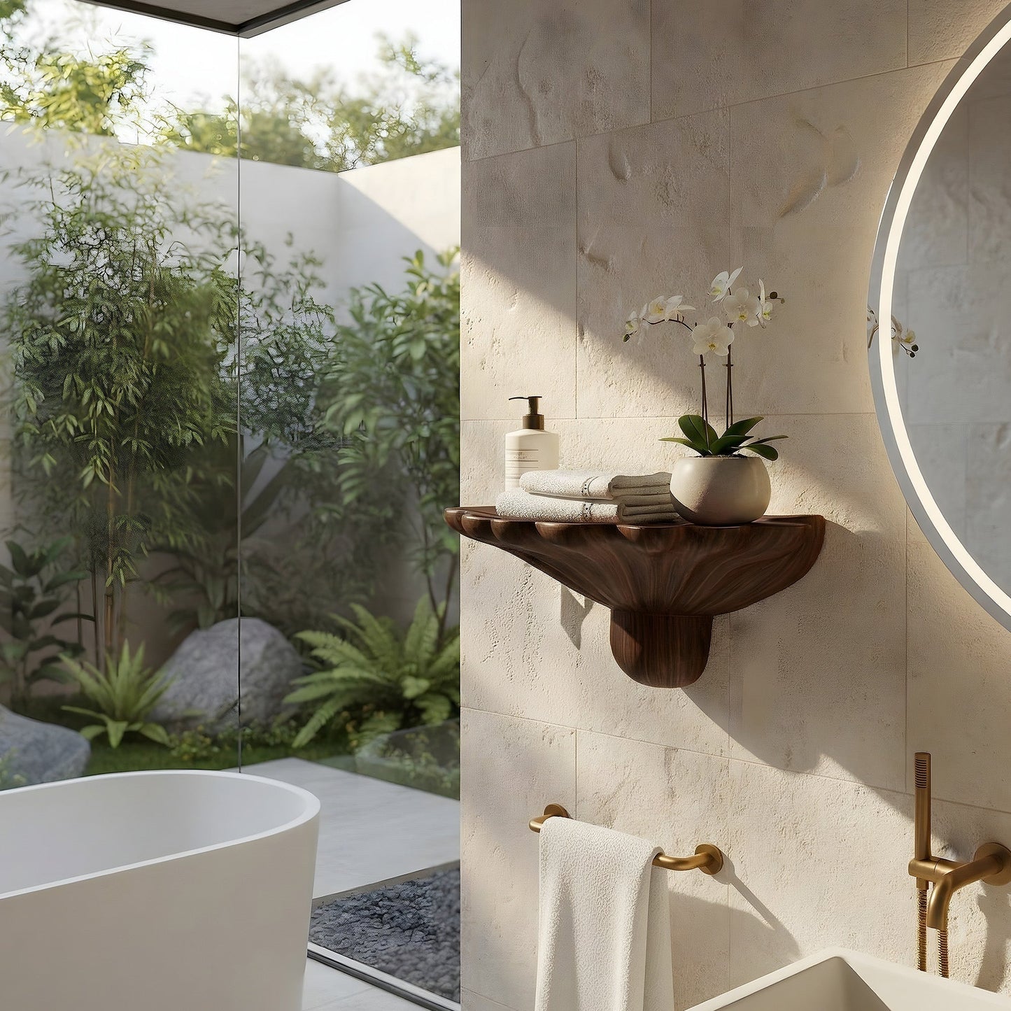 Sculptural Wall-Mounted Sink in Natural Wood with Organic Carved Form