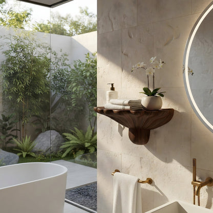 Sculptural Wall-Mounted Sink in Natural Wood with Organic Carved Form
