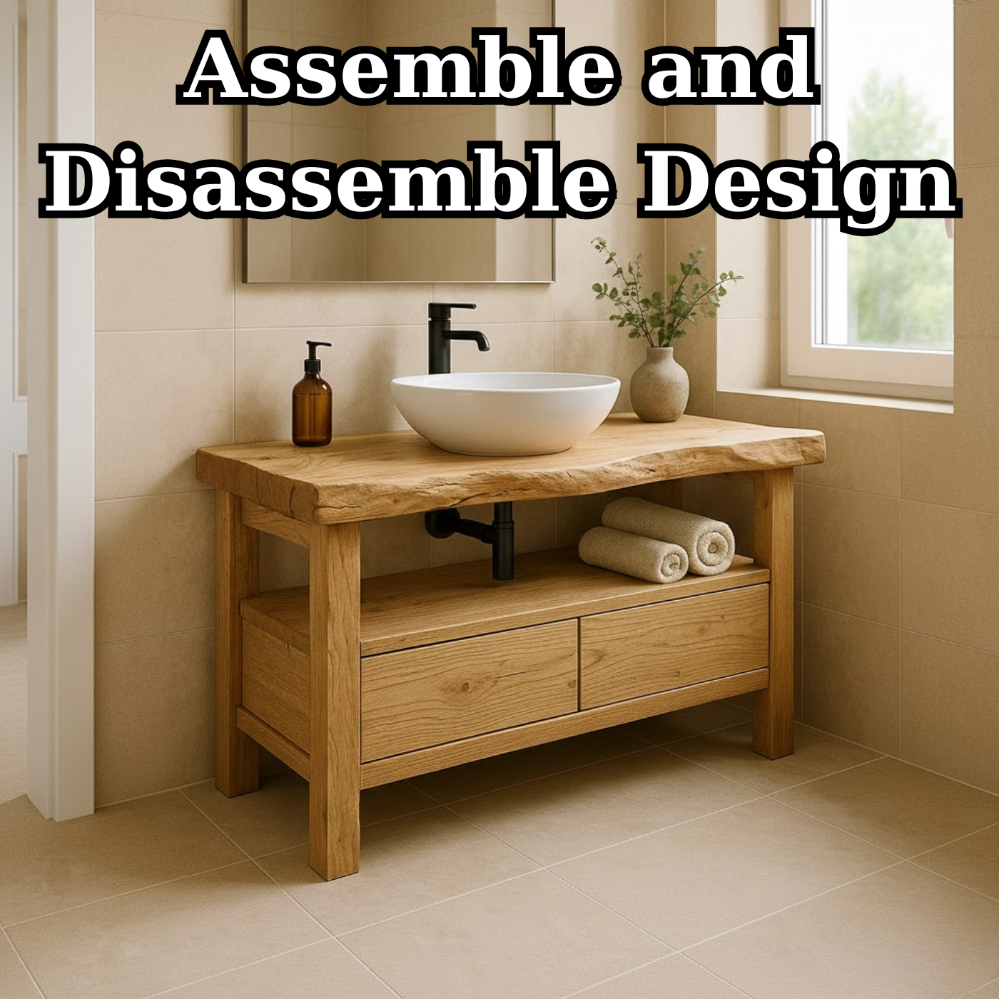 Handcrafted Solid Wood Bathroom Vanity - Live Edge Rustic Stand with Drawers & Shelf Kitchnce