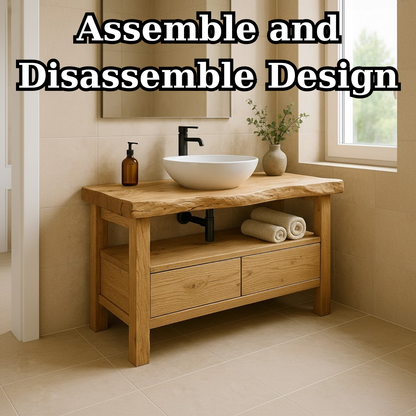 Handcrafted Solid Wood Bathroom Vanity - Live Edge Rustic Stand with Drawers & Shelf Kitchnce