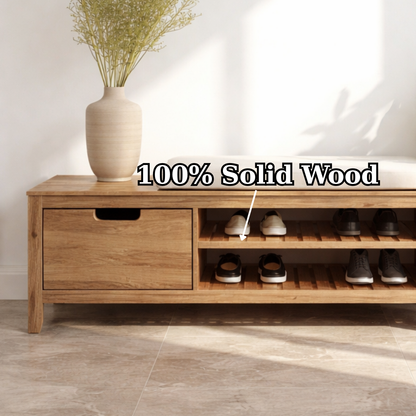 Solid Wood Shoe Storage Bench – Entryway Wooden Bench with Shoe Rack and Drawer