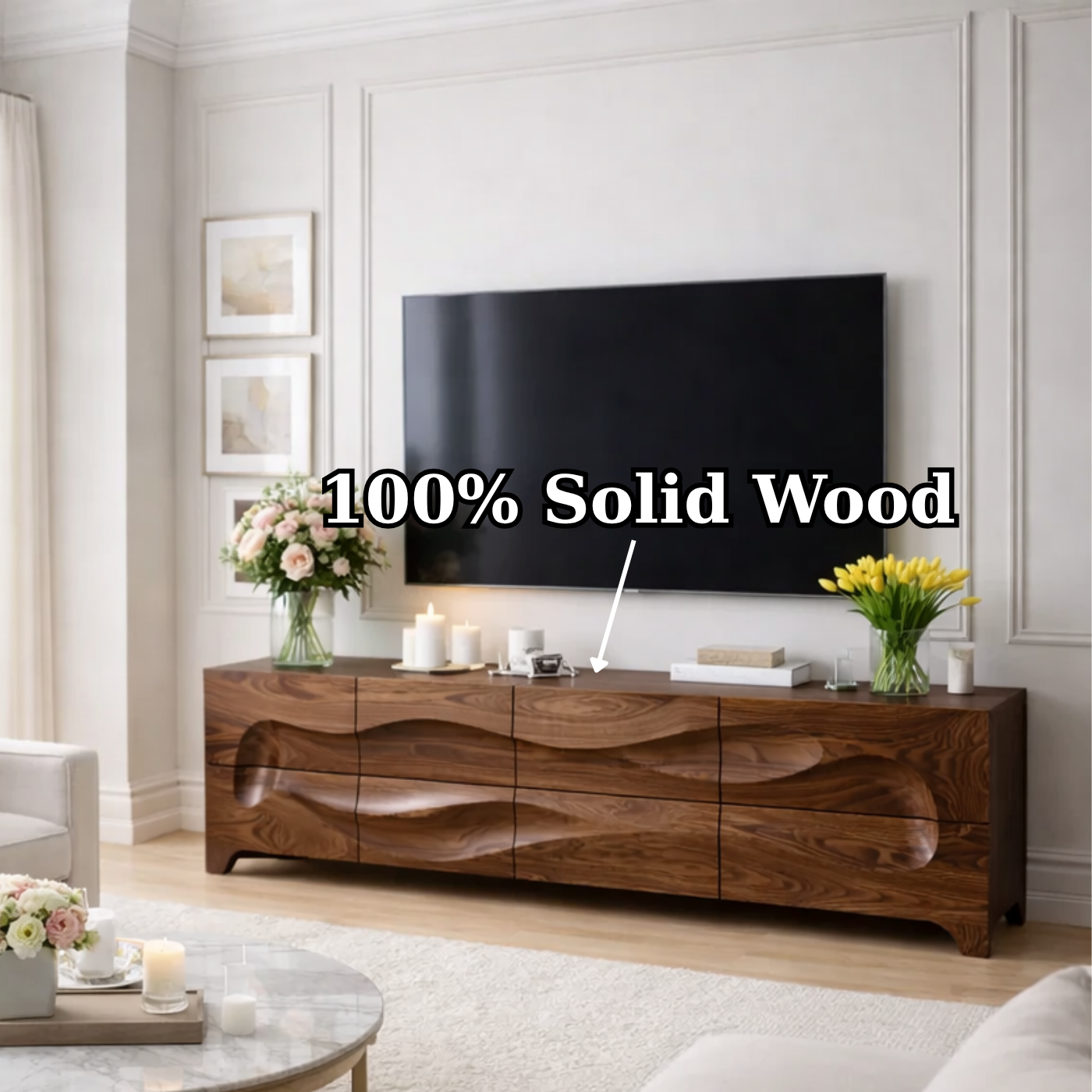 Solid Wood Sculptured Wave TV Console - Handcrafted Walnut Media Sideboard