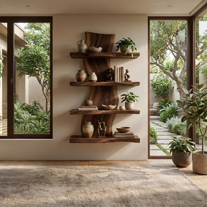 Vertical Wood Wall-Mounted Shelf With Layered Display