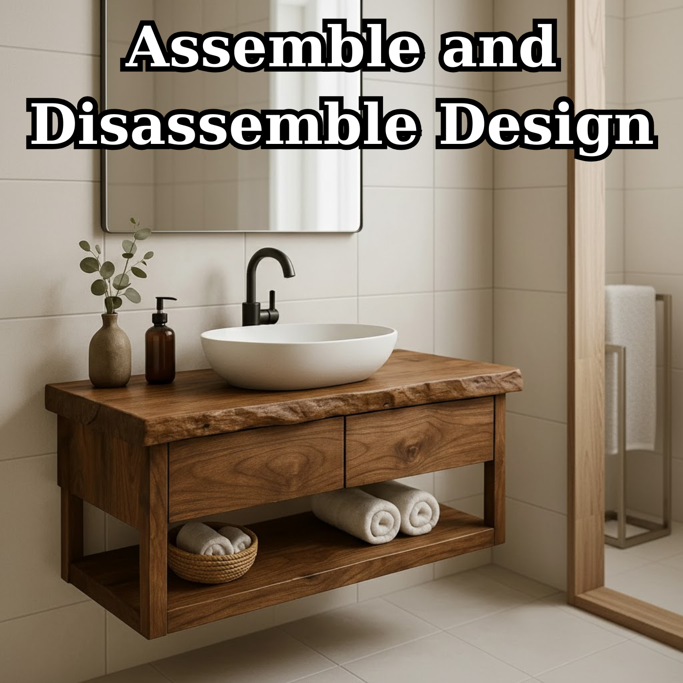 Rustic Solid Wood Floating Bathroom Vanity with Open Shelf Storage