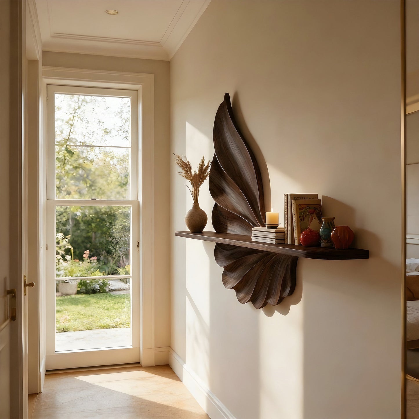 Leaf-Inspired Sculptural Floating Wall Shelf in Natural Wood