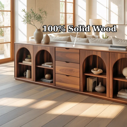 Solid Wood Console Table with Arched Shelves and Center Drawer Storage for Living Room