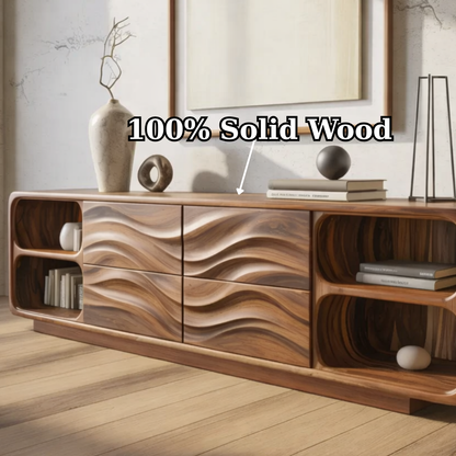 Solid Wood Console Table with Wave Carved Drawers and Open Shelf Design