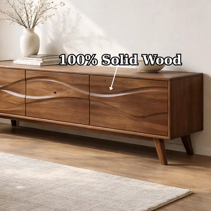 Solid Wood Console Table with Minimal Wave Carved Doors for Modern Living Room