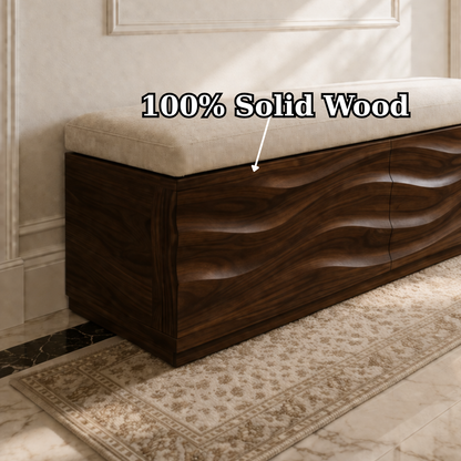 Solid Wood Storage Bench with Upholstered Top and Wave Carved Design