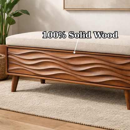 Solid Wood Storage Bench with Upholstered Seat and Wave Carved Front
