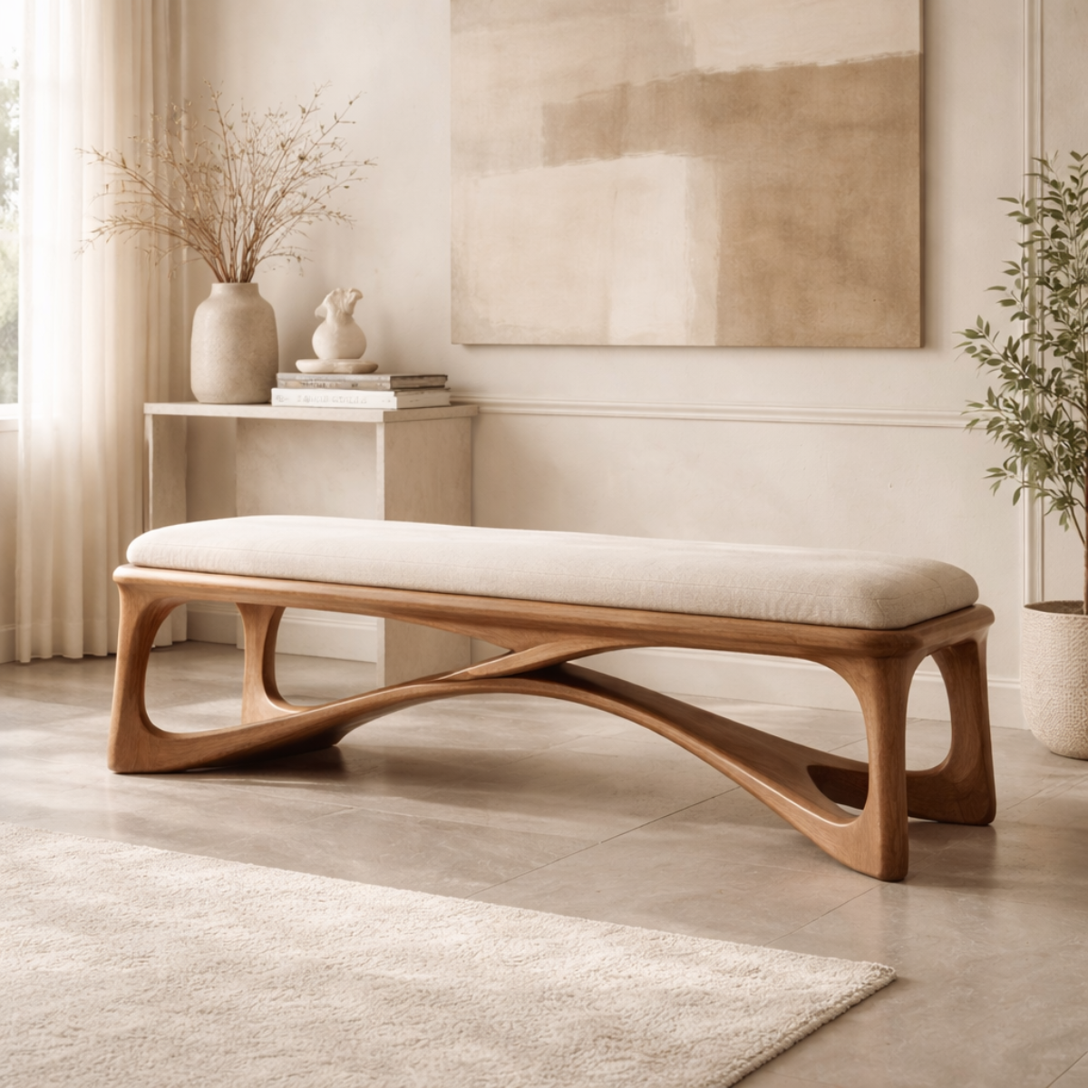 Modern Upholstered Wooden Entryway Bench, Sculptural Hallway Seating for Luxury Homes