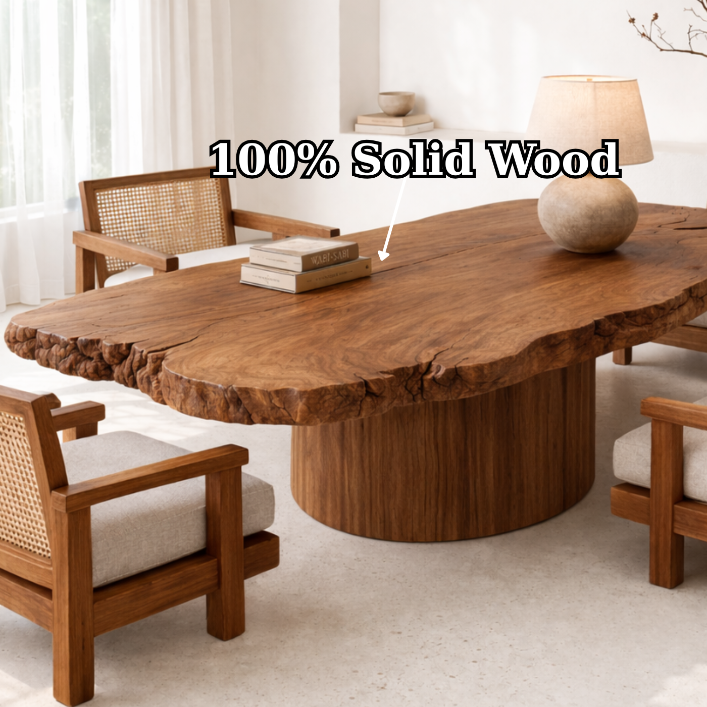 Handcrafted Solid Wood Coffee Table with Live Edge Top and Sculptural Base