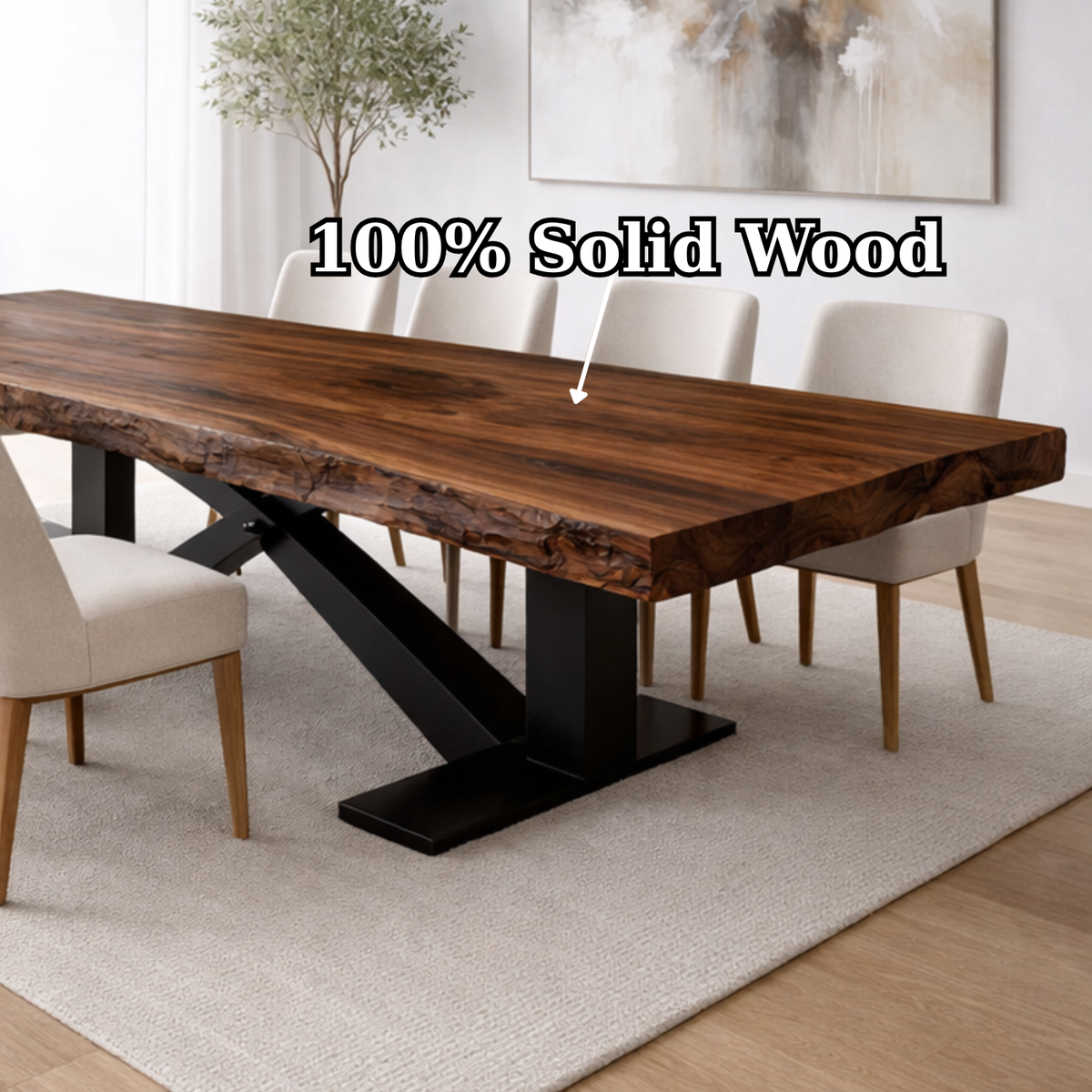 Handcrafted Solid Wood Dining Table with Live Edge Top and Modern Metal Base