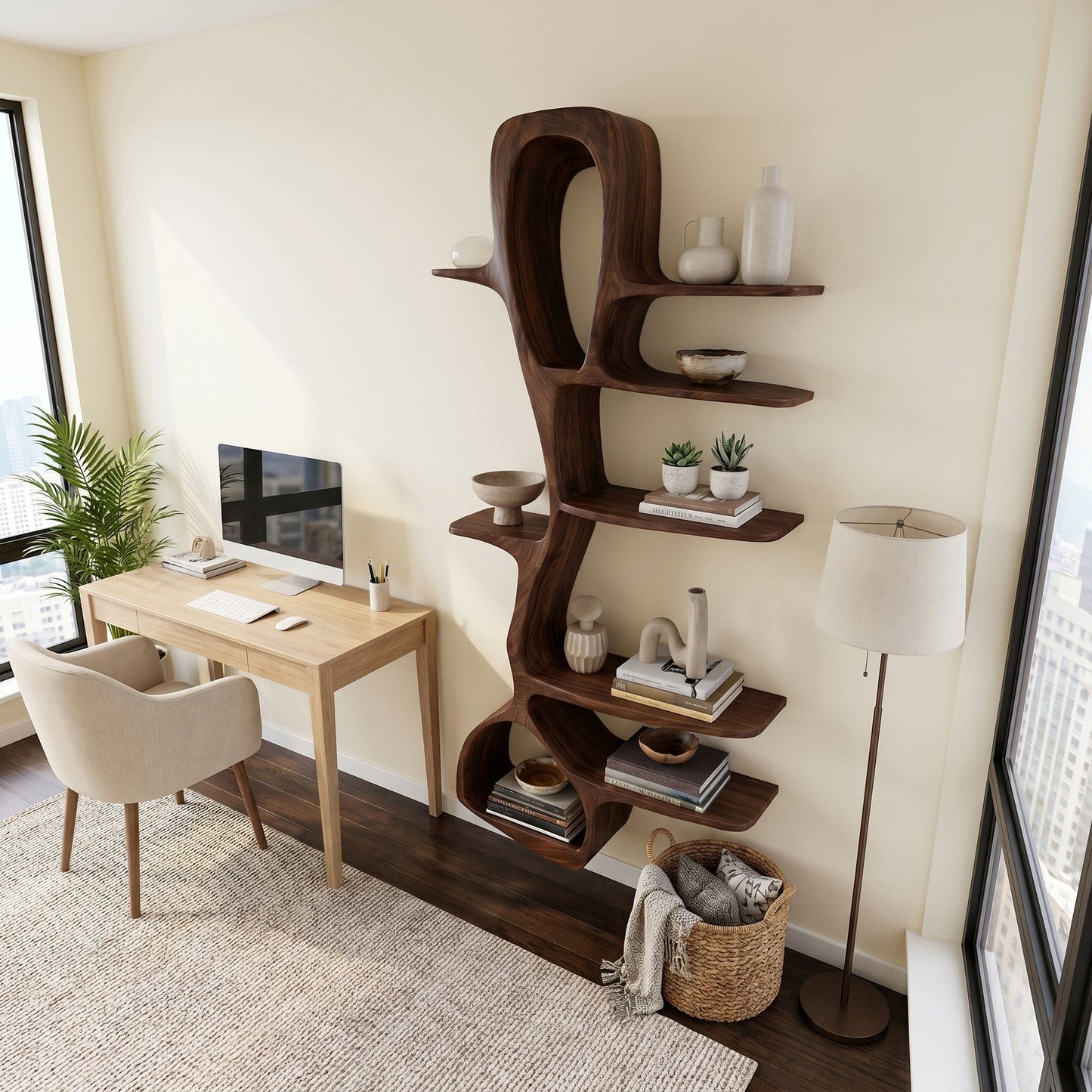 Sculptural Wood Wall Shelf With Vertical Open Display