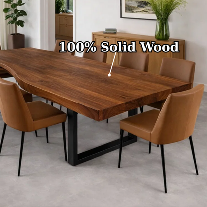 Handcrafted Solid Wood Dining Table with Live Edge Top and Black Metal Frame