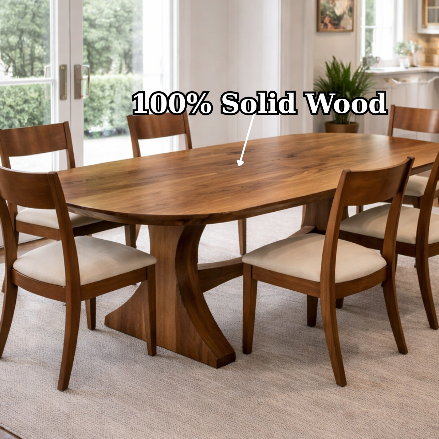 Solid Wood Oval Dining Table with Curved Pedestal Base – Elegant Modern Design