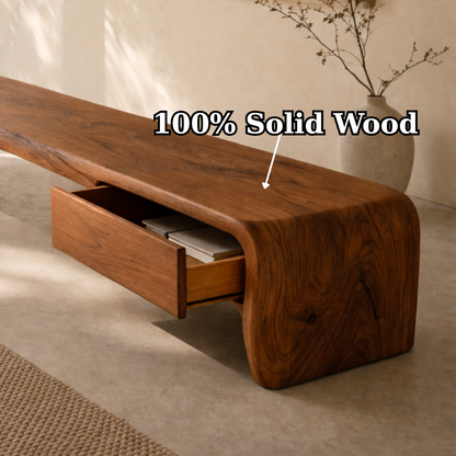 Solid Wood Entryway Bench with Hidden Drawer – Sculptural Minimalist Design