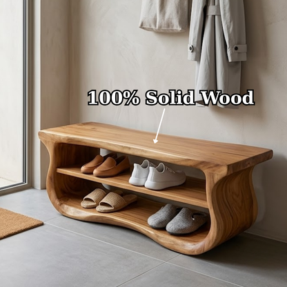 Solid Wood Entryway Bench with Shoe Storage, Organic Wavy Hallway Seating