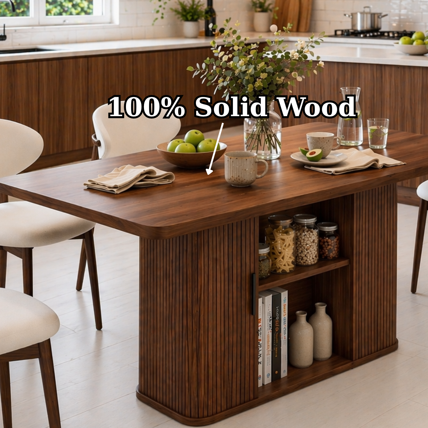 Solid Wood Dining Table with Storage – Walnut Kitchen Table with Fluted Base