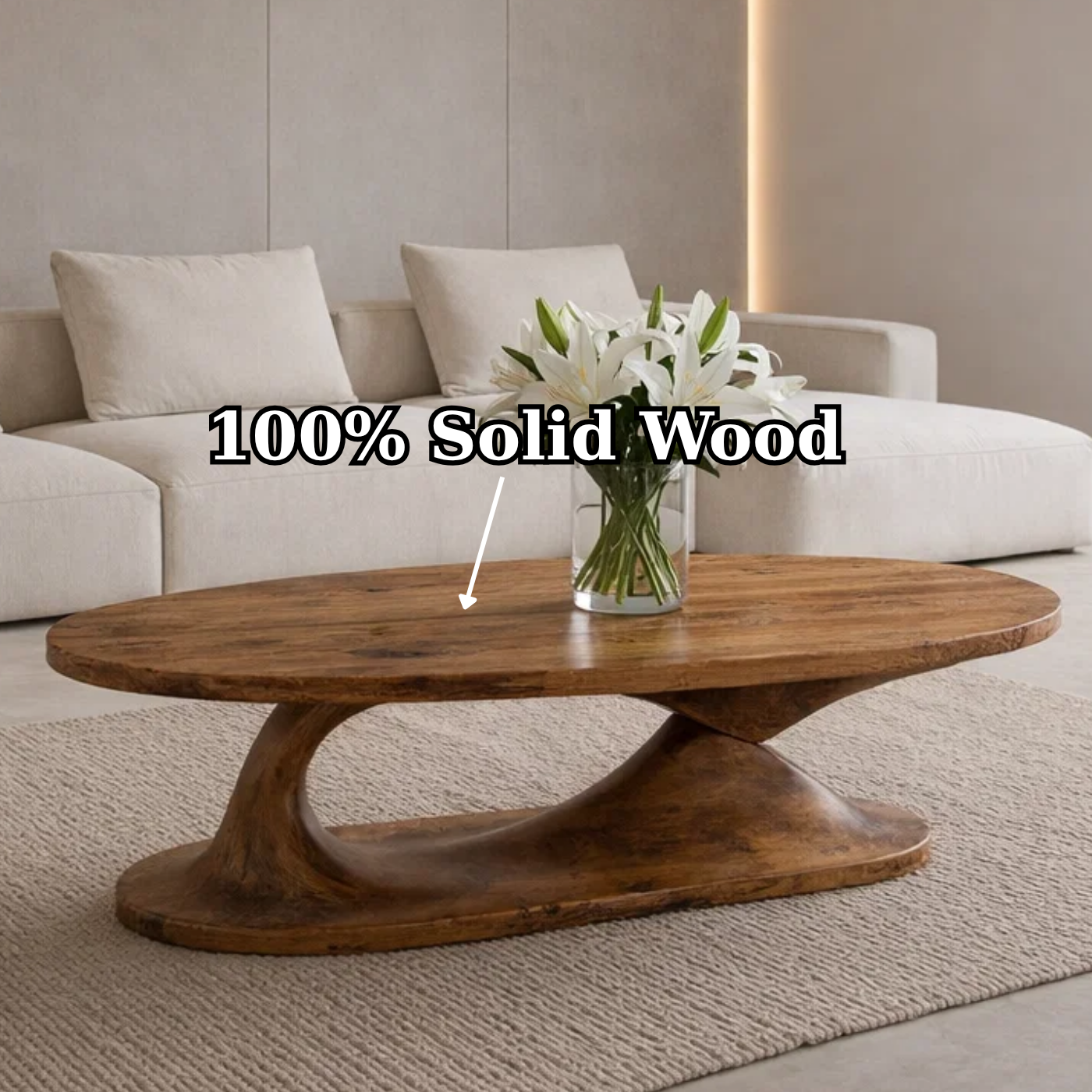 Handcrafted Sculptural Solid Wood Coffee Table, Unique Organic Minimalist Center Table