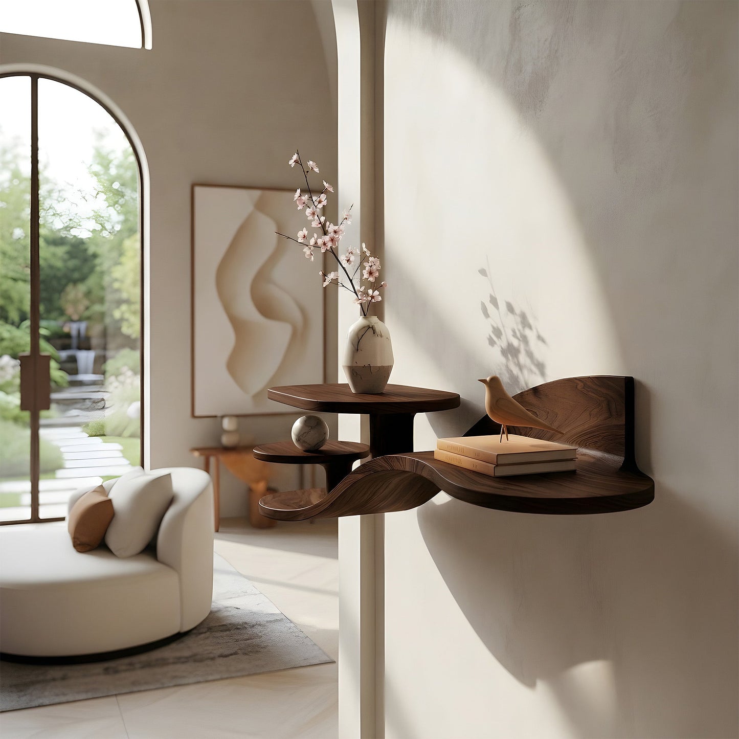 Multi-Tier Organic Floating Wall Shelf in Natural Wood