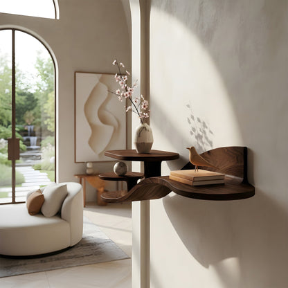 Multi-Tier Organic Floating Wall Shelf in Natural Wood