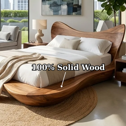 Handcrafted Solid Wood Sculptural Platform Bed, Organic Wavy Design Bed Frame