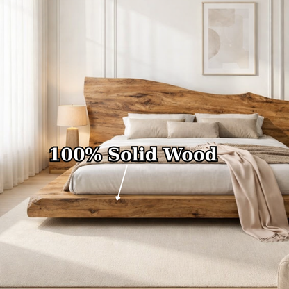 Solid Wood Platform Bed with Live Edge Headboard – Rustic Natural Wood Bed Frame, Modern Minimalist Bedroom Furniture