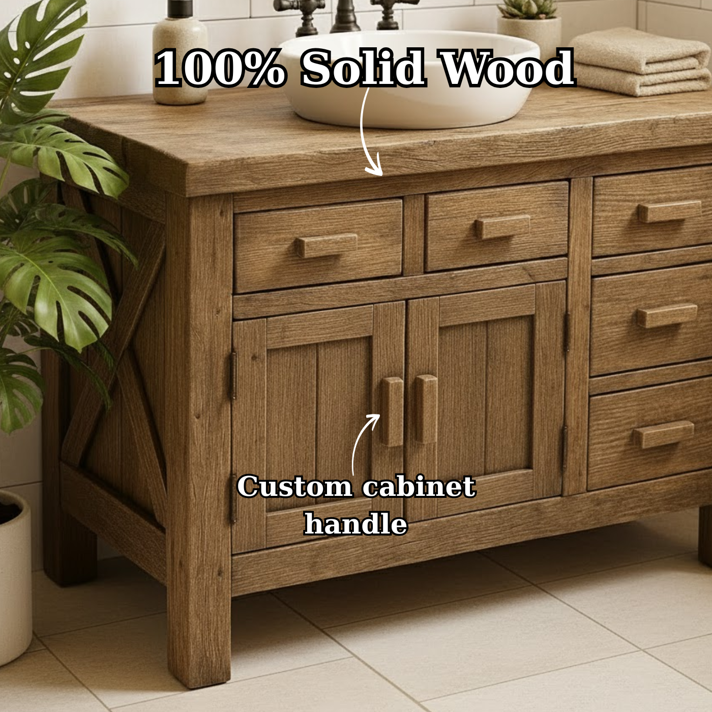 Handcrafted Solid Wood Bathroom Vanity - Rustic Farmhouse Style with X-Brace Detail Kitchnce