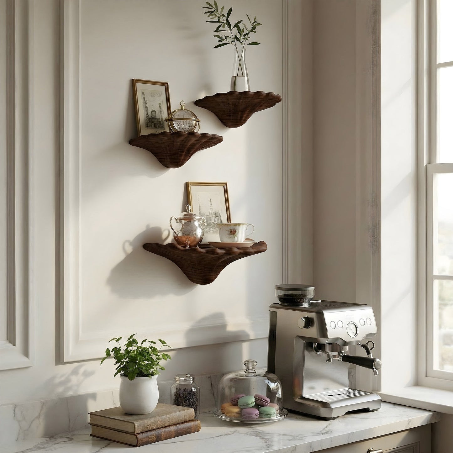 Sculptural Floating Wall Shelf Trio in Natural Wood with Organic Form
