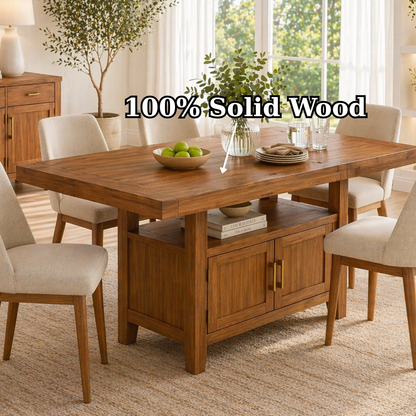 Solid Wood Dining Table with Storage Cabinet – Rustic Oak Dining Table, Kitchen Island Table with Shelves