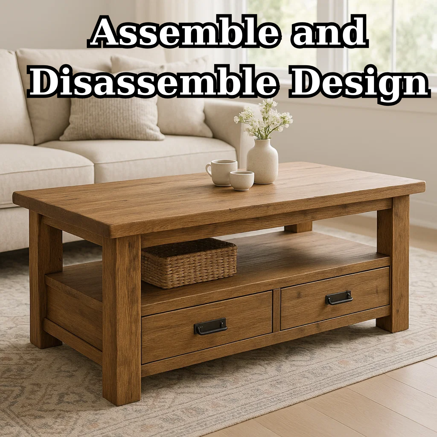 Handcrafted Solid Wood Coffee Table – Rustic Farmhouse Storage with Two Drawers and Shelf Kitchnce