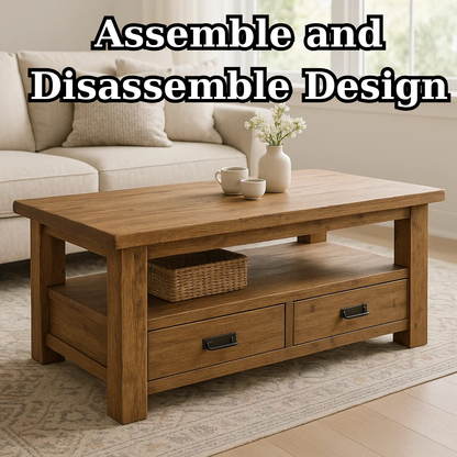 Handcrafted Solid Wood Coffee Table – Rustic Farmhouse Storage with Two Drawers and Shelf Kitchnce