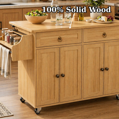 Solid Wood Kitchen Island Cart – Oak Storage Cabinet with Spice Rack & Towel Bar