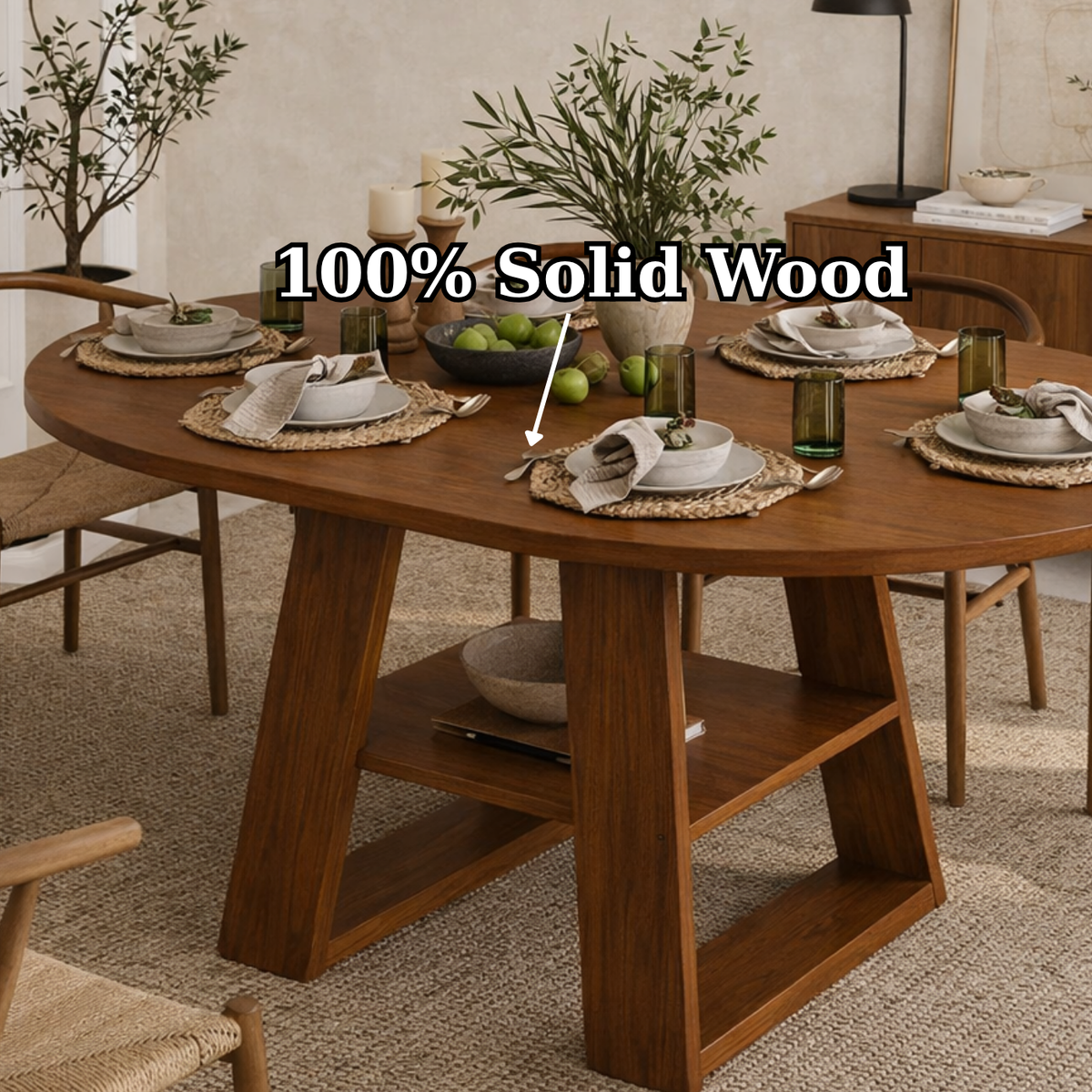 Solid Wood Dining Table – Walnut Pedestal Table with Open Shelf Base