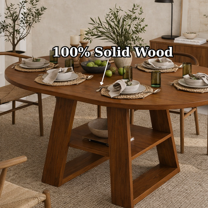 Solid Wood Dining Table – Walnut Pedestal Table with Open Shelf Base