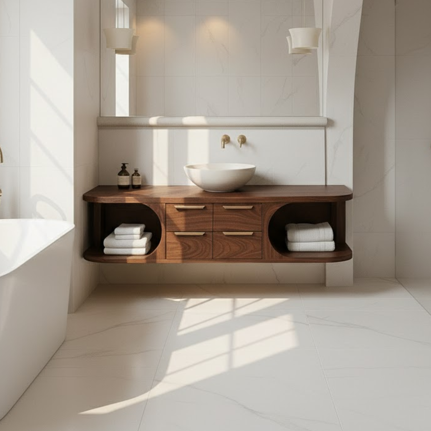 Floating Solid Wood Bathroom Vanity with Drawers and Open Shelves for Contemporary Bathrooms Kitchnce