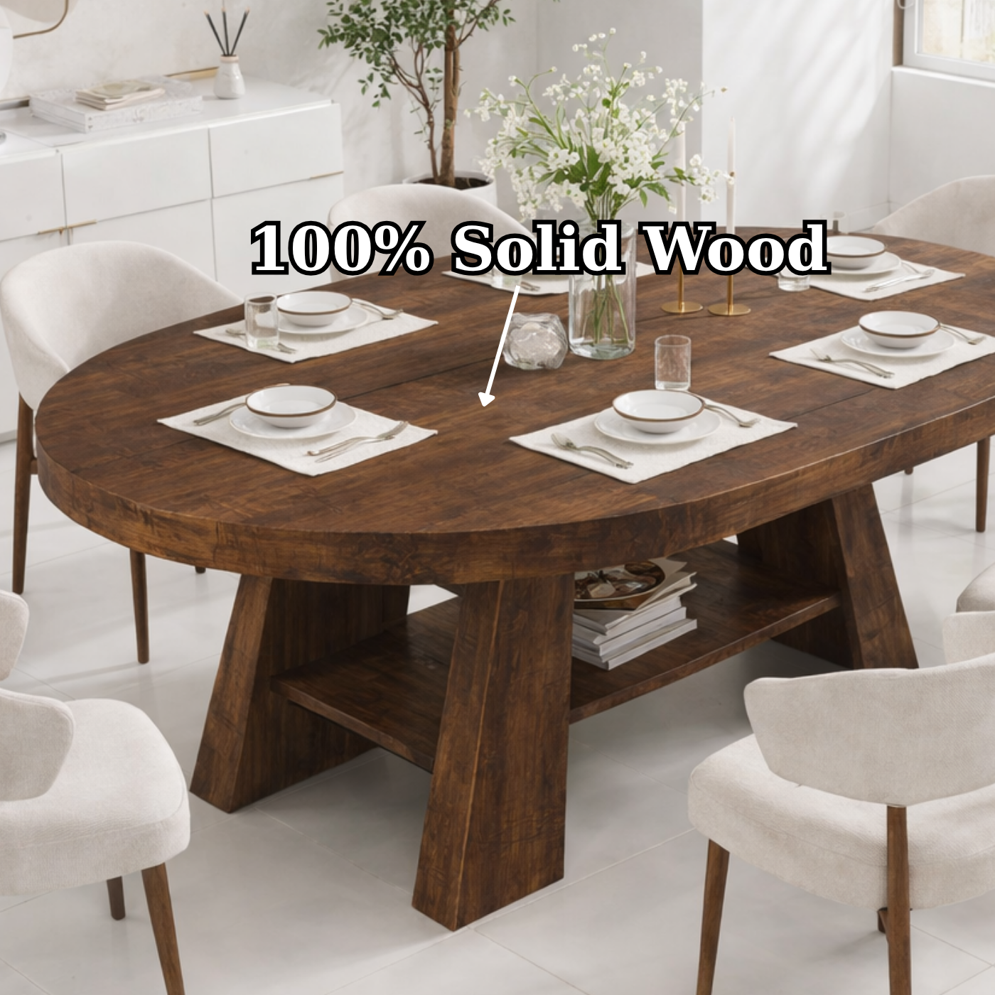 Oval Live Edge Solid Wood Dining Table – Dark Walnut Pedestal Table with Storage Shelf