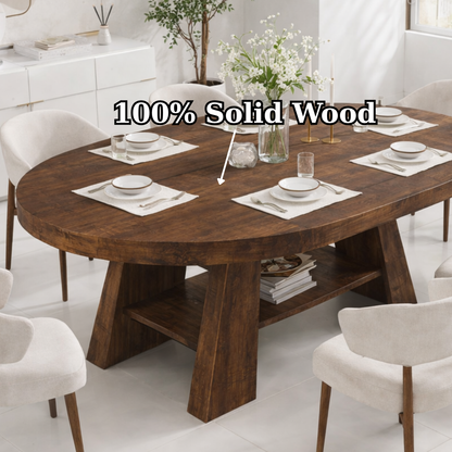 Oval Live Edge Solid Wood Dining Table – Dark Walnut Pedestal Table with Storage Shelf