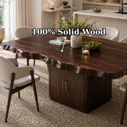 Live Edge Solid Wood Dining Table – Rustic Walnut Slab Table with Sculptural Base