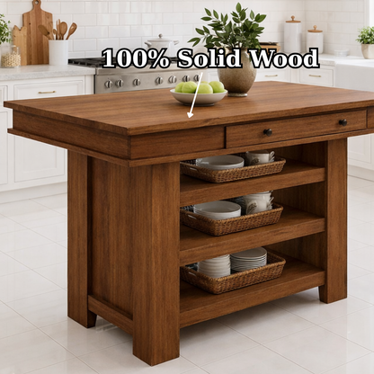 Solid Wood Kitchen Island with Storage – Walnut Prep Table with Shelves