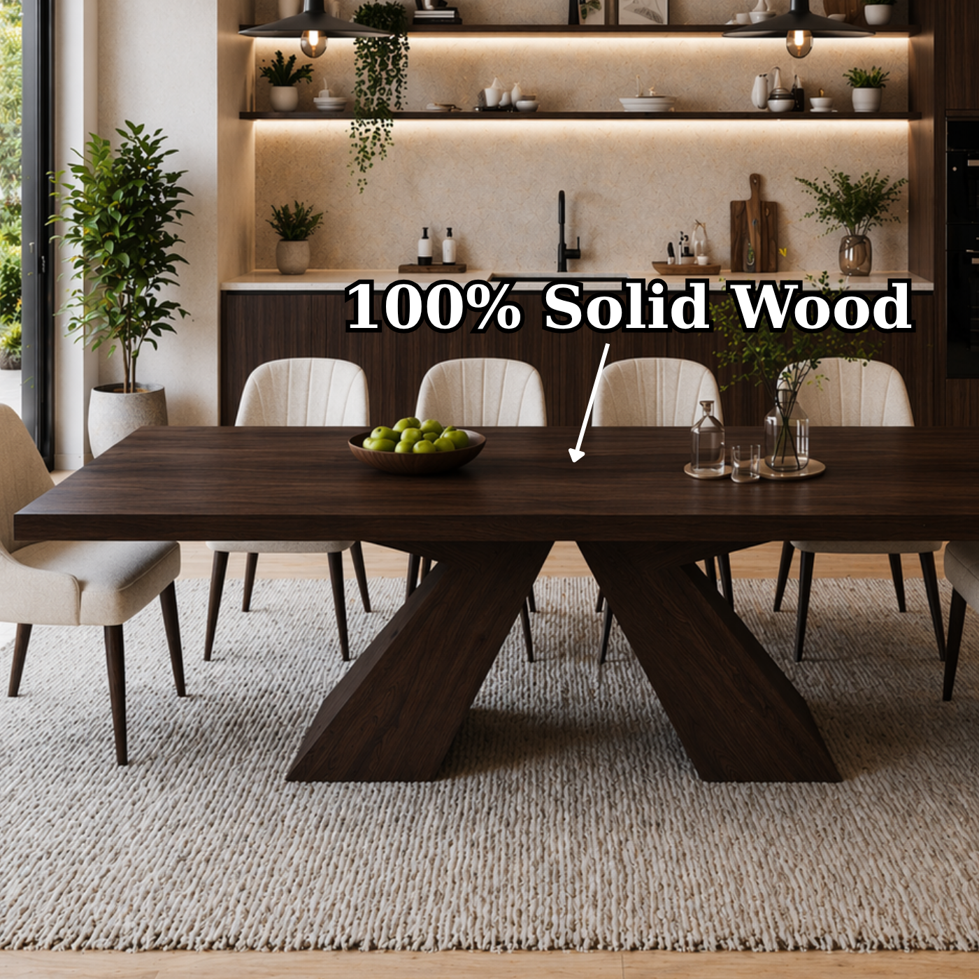 Solid Wood Dining Table with Sculptural X Base – Modern Walnut Rectangular Dining Table