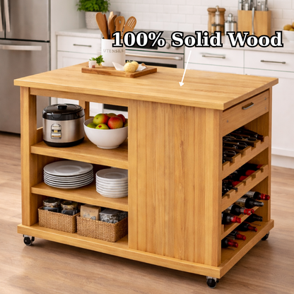 Solid Wood Kitchen Island Cart with Storage – Oak Prep Table with Wine Rack