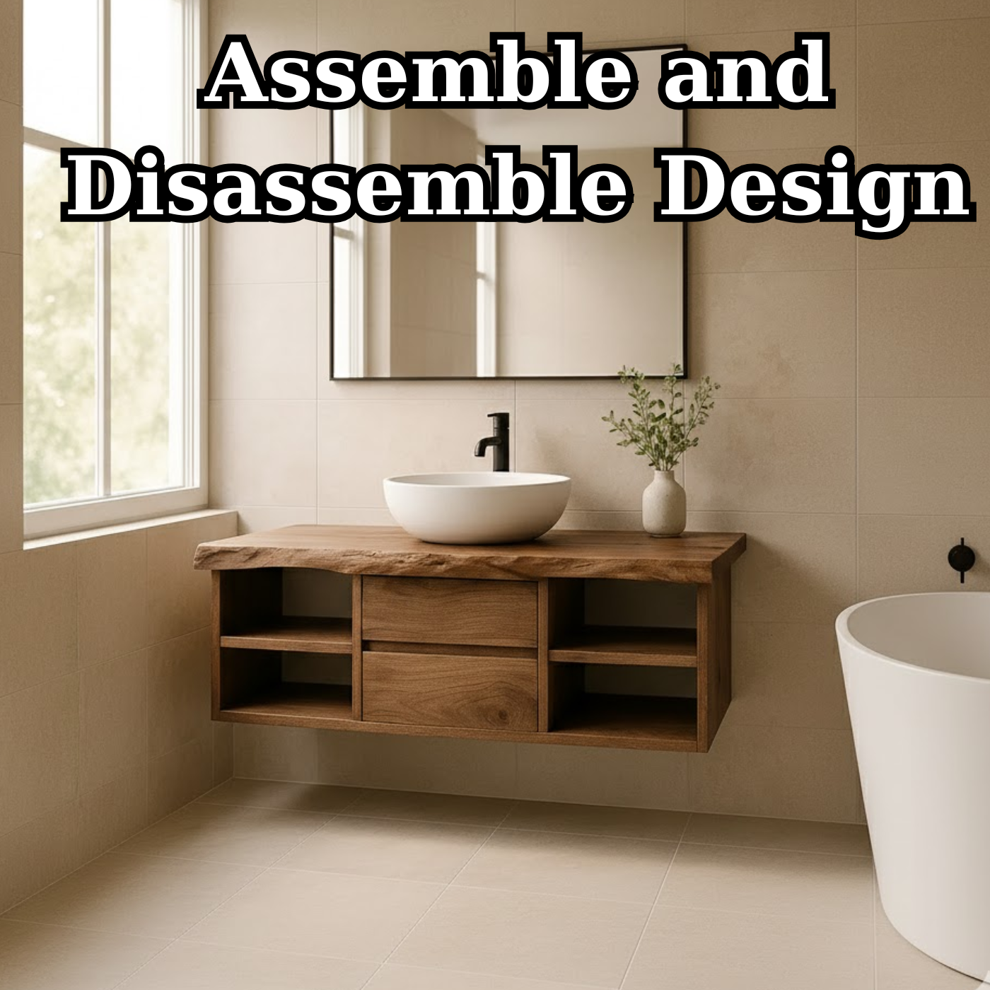 Handcrafted Solid Wood Floating Vanity - Live Edge Console with Central Drawers & Open Shelving Kitchnce