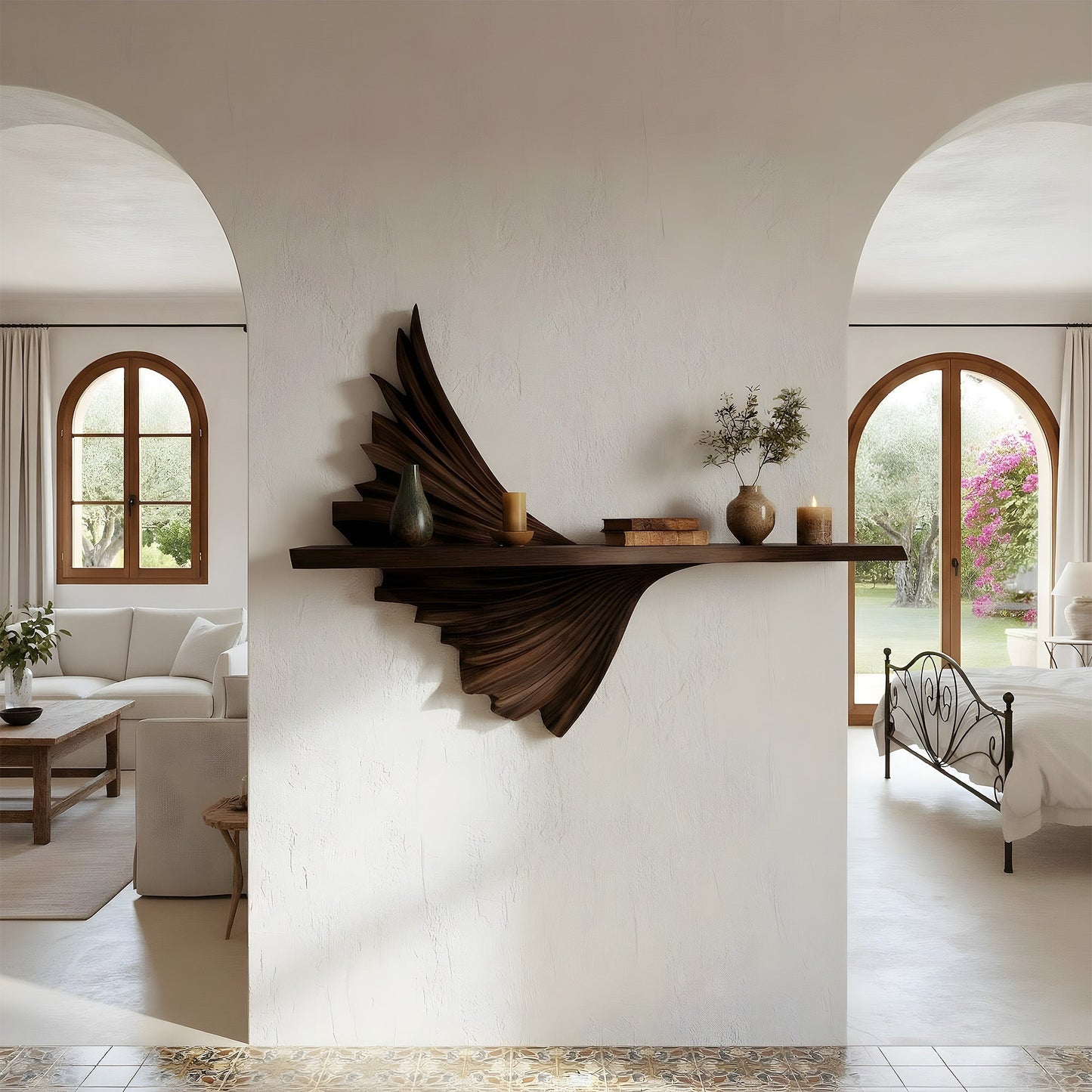 Layered Sculptural Floating Wall Shelf in Natural Wood