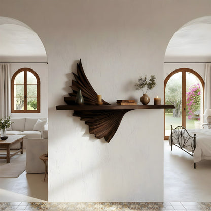 Layered Sculptural Floating Wall Shelf in Natural Wood