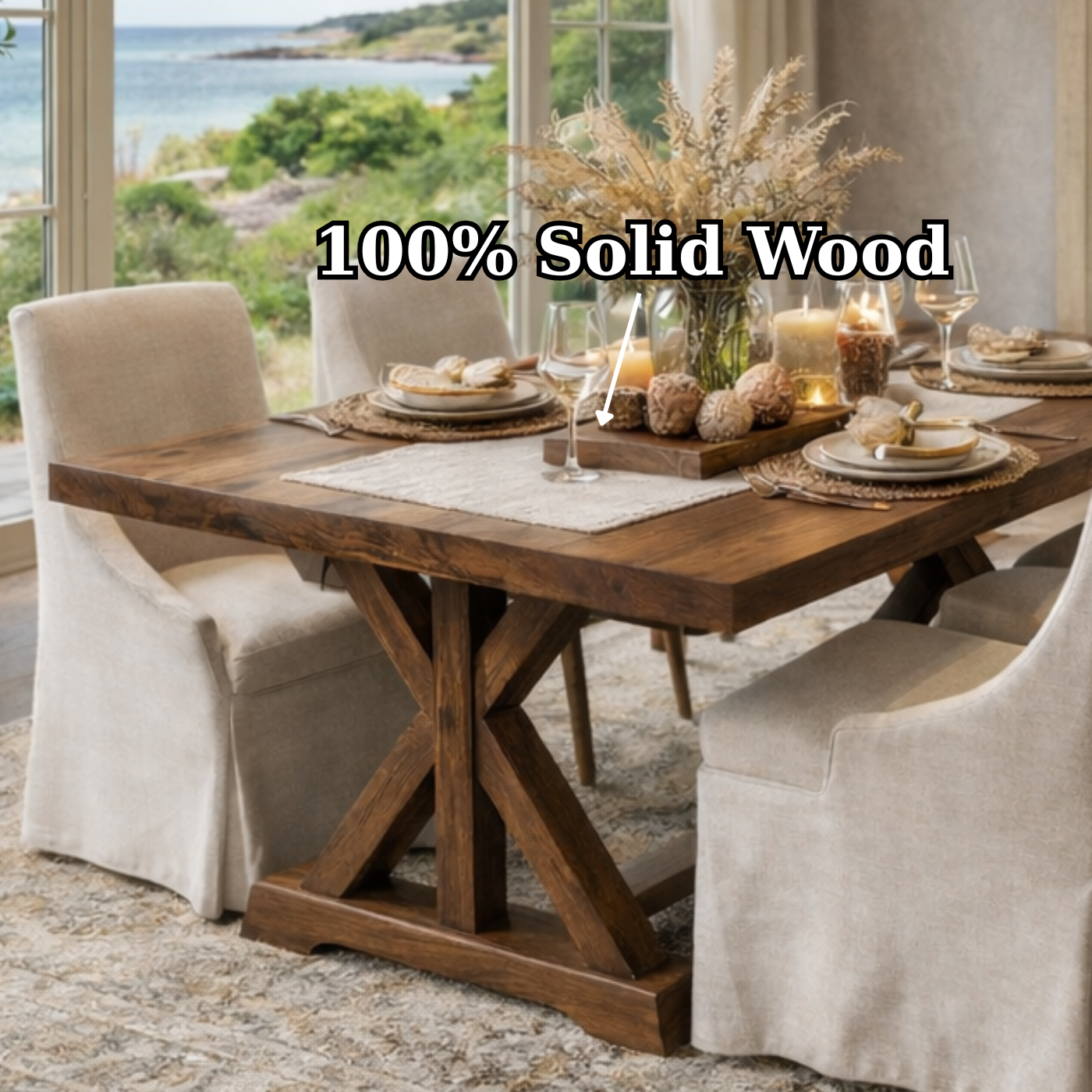 Coastal Rustic Solid Wood Dining Table with X-Base