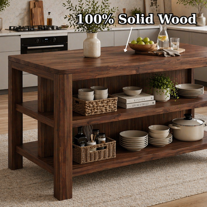 Solid Wood Kitchen Island with Open Shelves – Natural Oak Prep Table for Modern Kitchen